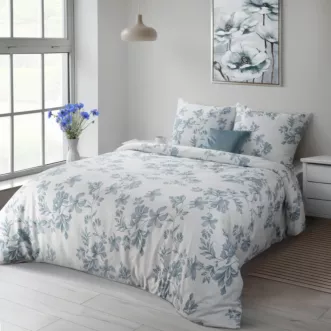 Pościel 140x200 cm komplet 2 częściowy satyna bawełniana kolor biało, niebieski z motywem kwiatów SPRING 99