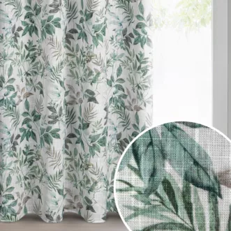 Zasłona o naturalnym splocie zdobiona nadrukiem liści biało, zielona 140x250 cm przelotka - AMANDA