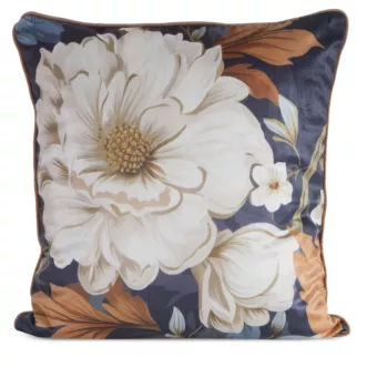 Poszewka na poduszkę 45x45 cm welwetowa  granatowo, kremowa z motywem kwiatów FLORA 1