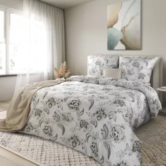 Pościel 140x200 cm komplet 2 częściowy satyna bawełniana kolor biały, jasnoniebieski zdobiony motywem kwiatów SPRING 83