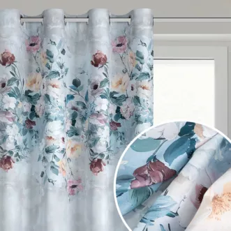 Zasłona srebrno, niebieska zdobiona motywem kwiatów 140x250 cm przelotka - VIOLA