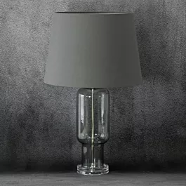 Lampa stołowa do kuchni popielata LILA podstawa z przezroczystego szkła z abażurem z matowej tkaniny