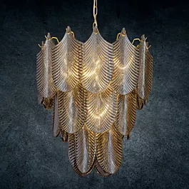 Lampa wisząca do salonu grafitowo, złota ze szklanymi zawieszkami w formie liści z dymionego szkła 50 x 150 cm MELI