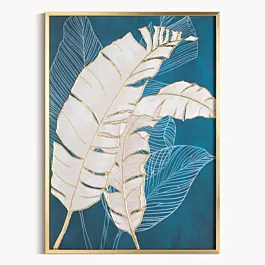 Obraz roślinny turkusowo, złoty nadruk na pł&oacute;tnie z liśćmi bananowca 50x70 cm