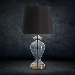 Lampa stołowa do pokoju czarno, złota EMILIO na podstawie z przezroczystego szkła z abażurem z matowej tkaniny