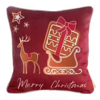 Poszewka na poduszkę 45x45 cm welwetowa, czerwona ze świątecznym motywem pierników GINGER