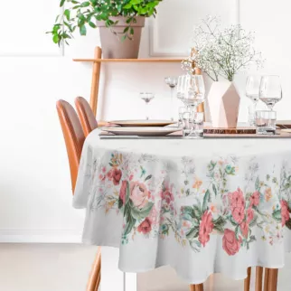 Obrus okrągły naturalno ,różowy srednica 120 cm SUMMER 12 zdobiony nadrukiem letnich kwiatów