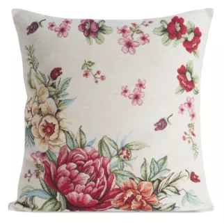 Poszewka na poduszkę 45x45 cm bawełniana, gobelinowa naturalno, czerwona z motywem kwiatów piwonii GRIA