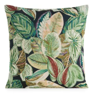 Poszewka na poduszkę 45x45 cm zielono, czarna żakardowa z motywem liści GOBELIN