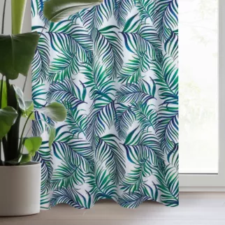 Zasłona biało, granatowa zdobiona nadrukiem palmowych liści 140x250 cm przelotka - PALMAS