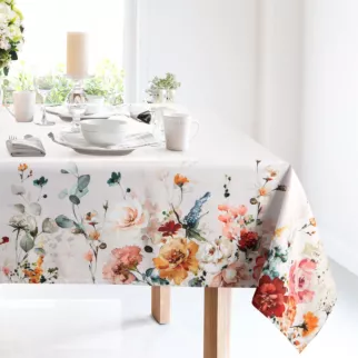 Obrus naturalno, różowy 140x180 cm SUMMER 2 z nadrukowanym motywem kwitnących kwiatów