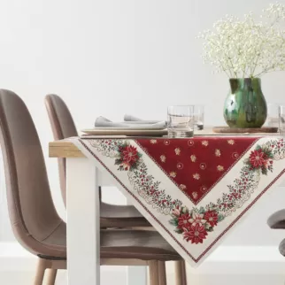 Obrus czerwono, beżowy 140x180 cm gobelinowy zdobiony wzorem świątecznym