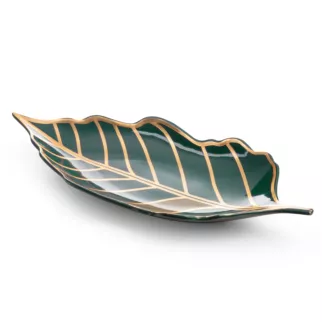 LIMITED COLLECTION Patera dekoracyjna LILI  turkusowo-złota w kształcie liścia GŁĘBIA ZIELENI