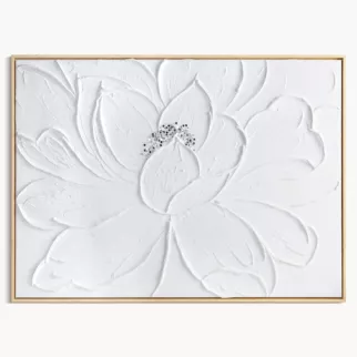 Obraz biały ręcznie malowany trójwymiarowy kwiat zdobiony kryształkami 60x90 cm