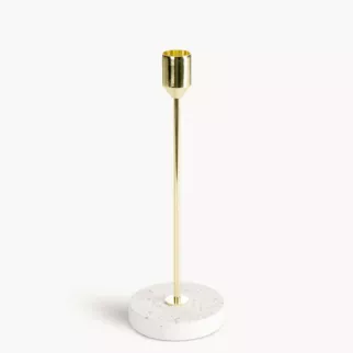 Świecznik dekoracyjny złoto, kremowy o smukłym uchwycie i kamiennej podstawie rozmiar 8x22 cm KORI