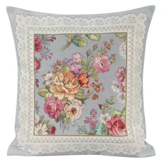 Poszewka na poduszkę 45x45 cm gobelinowa popielato, różowa zdobiona tkanym motywem kwiatowym GOB
