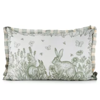 Poszewka na poduszkę 30x50 cm o strukturze lnu kremowo, zielona zdobiona nadrukiem zajączka WIOSNA 60