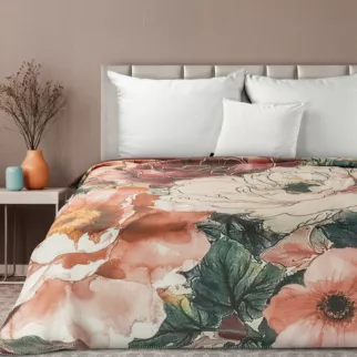 Koc akrylowy 150x200 cm pomarańczowo, kremowy z malarskim kwiatowym nadrukiem CHLOE Eurofirany Premium