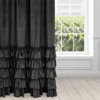 Zasłona welwetowa czarna zdobiona falbanami 140x270 cm taśma - CHARLOTTE