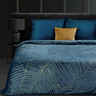 Koc 150x200 cm granatowo, złocisty zdobiony złocistym motywem liści bananowca MUSA 2 Limited collection