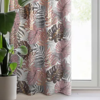 Zasłona pudrowo różowa z motywem liści monstery 140x250 cm przelotka - KORFU