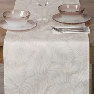 Bieżnik na stół beżowo, biały 40x140 cm wodoodporny GARDEN na taras oraz balkon z motywem palmowych liści