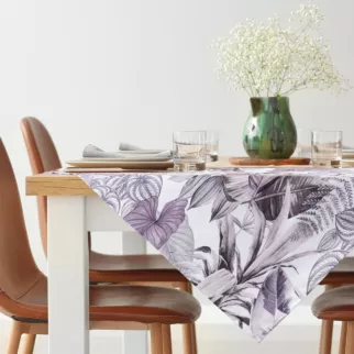 Bieżnik na stół biało, fioletowy 85x85 cm welwetowy DAVOS zdobiony nadrukiem egzotycznych liści DESIGN 93