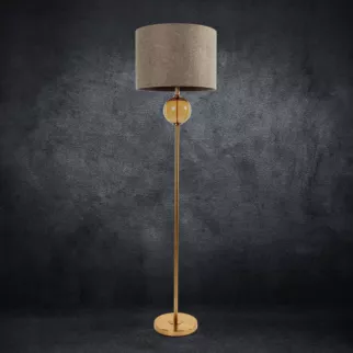 Lampa stojąca do pokoju beżowo, złota LEONA z matowym abażurem o widocznym splocie