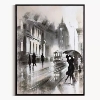 Obraz ręcznie malowany na płótnie pejzaż miasta, oprawiony w ramę