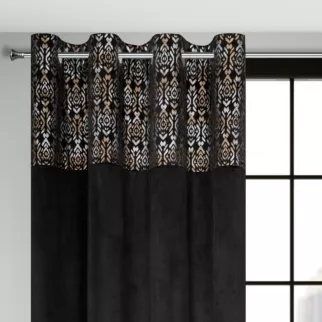 Zasłona czarno, złota z dekoracyjnym pasem z welwetu 140x250 cm przelotka - LIZA