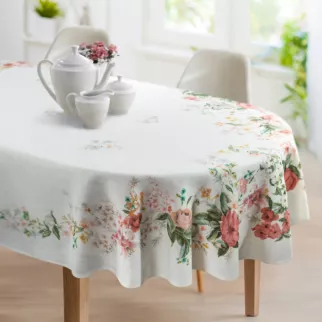Obrus owalny naturalno, różowy 140x220 cm SUMMER 12 zdobiony nadrukiem letnich kwiatów