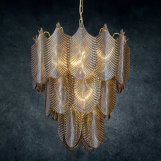 Lampa wisząca do salonu grafitowo, złota MELI ze szklanymi zawieszkami w formie liści z dymionego szkła