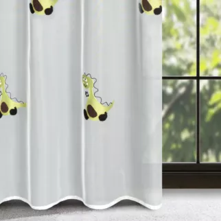 Firana biało, zielona z haftem z dinozaurami 140x250 cm przelotka DINO