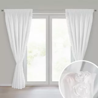 Komplet 2 szt. firan białych z tkaniny szyfonowej zdobiona pasem 3D róż, w zestawie troczek 140x270 cm taśma - ROSES Eva Minge
