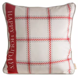 Poszewka na poduszkę 45x45 cm welwetowa świąteczna beżowo czerwona z motywem kratki i wypustką na brzegach CLARK