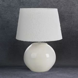 Lampa ceramiczna stołowa biała z matowym abażurem z tkaniny typu bukla średnica 37x50 cm COLINS