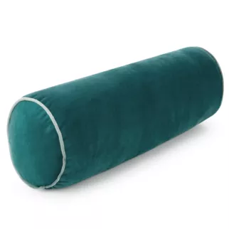 Poduszka dekoracyjna wałek 15 x 45 cm welwetowa ciemnoturkusowa zdobiony kontrastującą lamówką GAJA