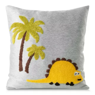 Poszewka na poduszkę 45x45 cm srebrno żółta z dinozaurami haftowanymi puszystą nicią DINO 1