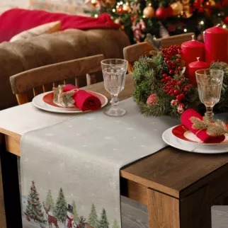 Bieżnik na stół 40x100 cm naturalno, srebrny gobelinowy z motywem zimowej wioski