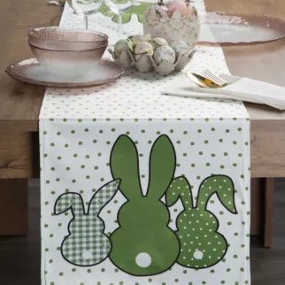 Bieżnik na stół biało, zielony 35x140 cm welwetowy WIOSNA 1 zdobiony nadrukiem siedzących zajączków