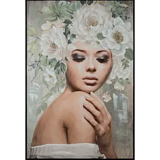 Obraz BLUSH 2 ręcznie malowany na płótnie portret kobiety z kwiatami na głowie w  czarnej ramie