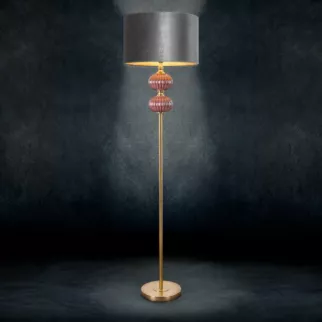 Lampa stojąca do salonu stalowo, bordowa MARITA z welwetowym abażurem