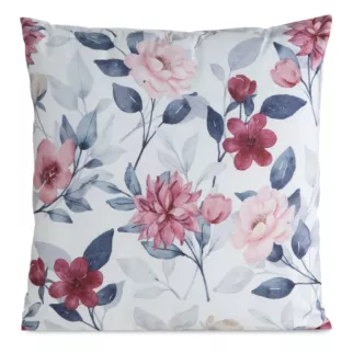Poszewka na poduszkę 45x45 cm welwetowa biało, czerwona zdobiona nadrukiem letnich kwiatów MINK