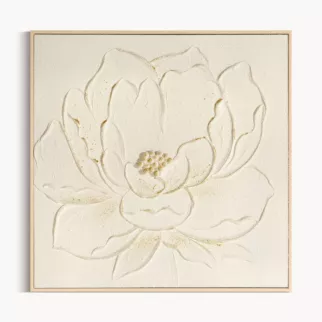 Obraz kremowo, zloty ręcznie malowany na płótnie z motywem kwiatów oprawiony w ramę 62x62 cm