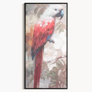 Obraz biało, niebieski ręcznie malowaną na płótnie papugą 50x100 cm