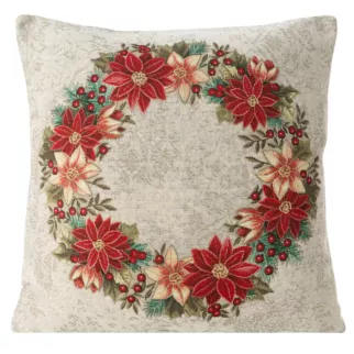 Poszewka na poduszkę 45x45 cm gobelinowa naturalno, czerwona z wieńcem świątecznym GOB