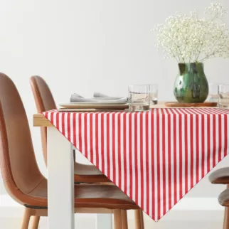 Świąteczny obrus biało, czerwony 85x85 cm w pasy i ozdobnym obszyciem - INES 13