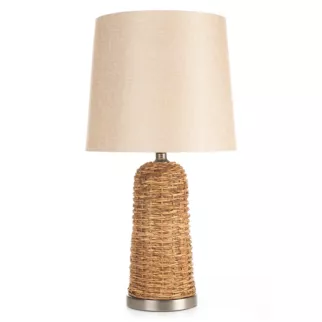 Lampa stołowa do kuchni beżowa, jasnobrązowa ARLO w stylu boho z plecionej podstawy i matowego abażuru