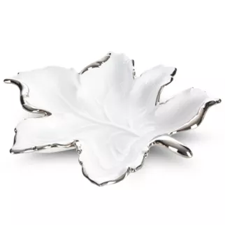 Patera ceramiczna biało-srebrna w kształcie liścia 33x35x6 cm ABBI