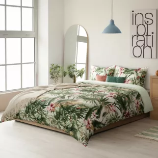 Pościel 160x200 cm bawełniana kolor biały, zielony z wzorem egzotycznych liści SPRING 43